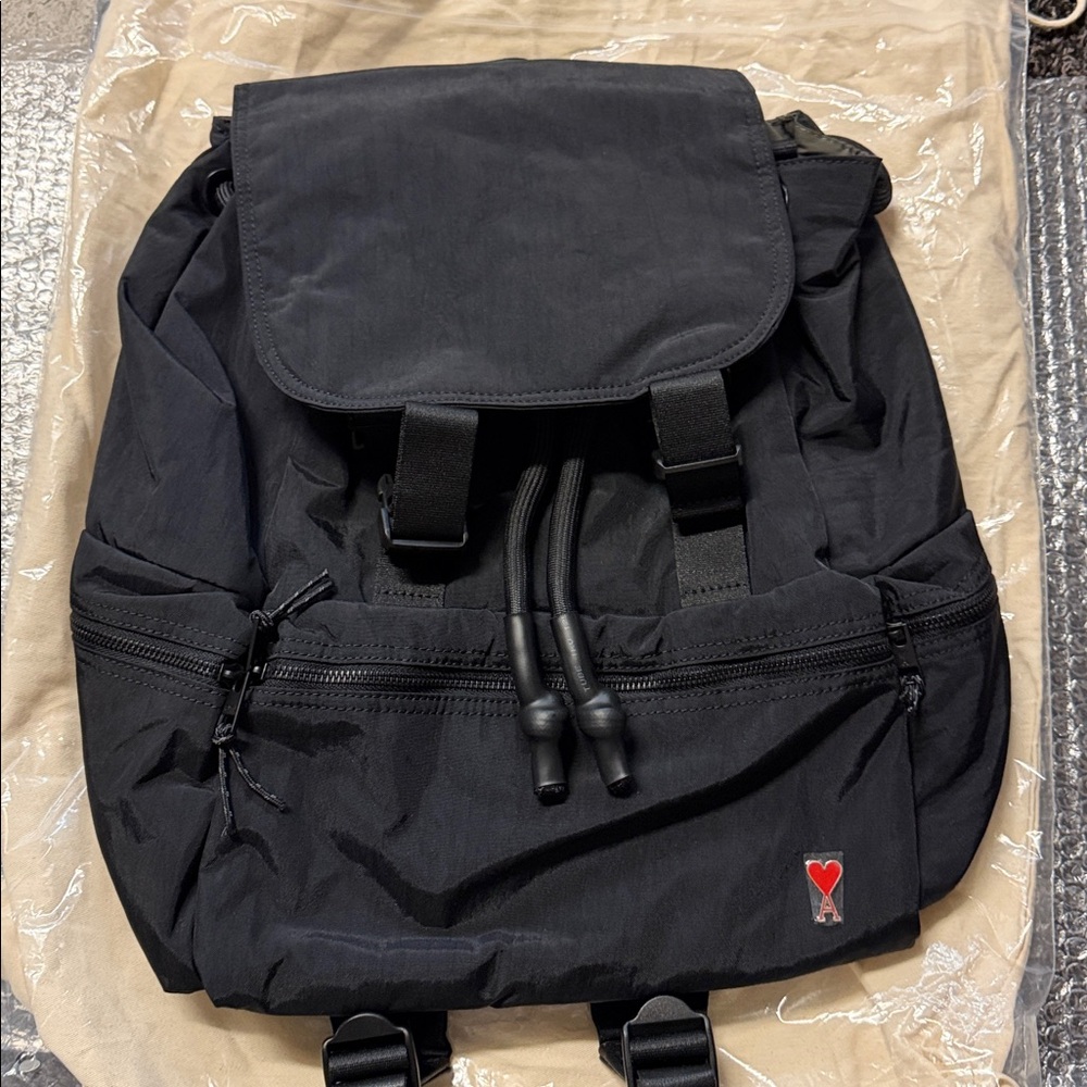Ami Alexandre Mattiussi Black Nylon Backpack with Heart Patch